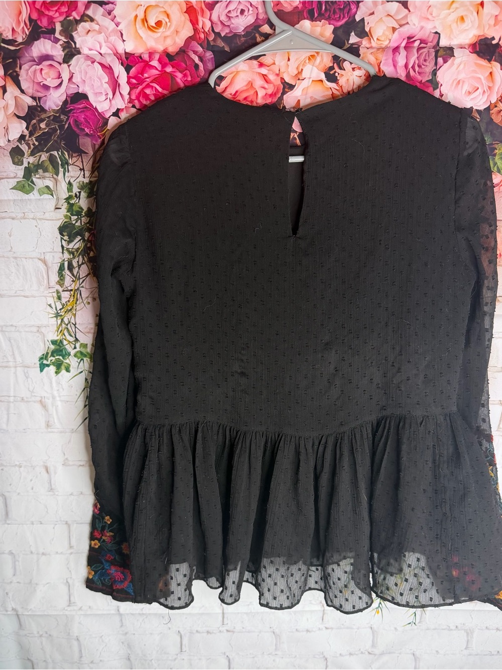 Zara Trafaluc Collection Black Floral Embroidered Swiss Dot Peplum Blouse - Picture 6 of 8